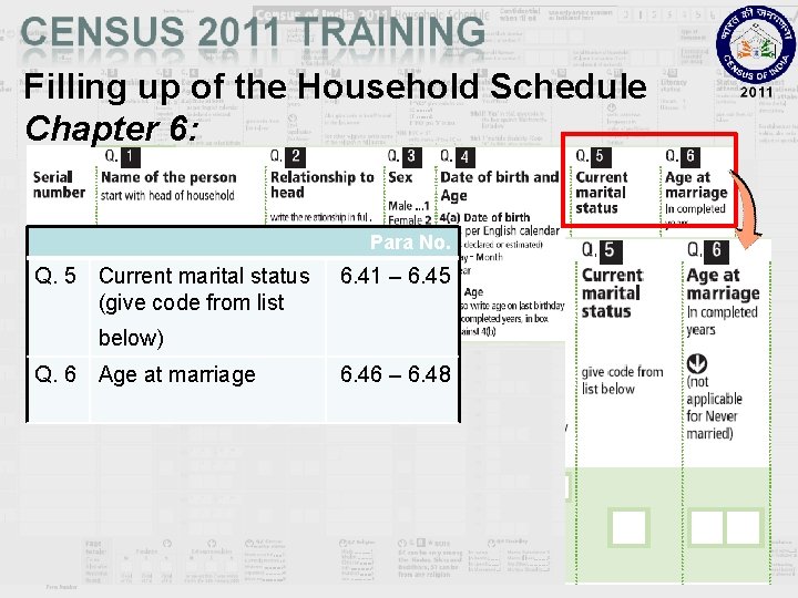 Filling up of the Household Schedule Chapter 6: Para No. Q. 5 Current marital