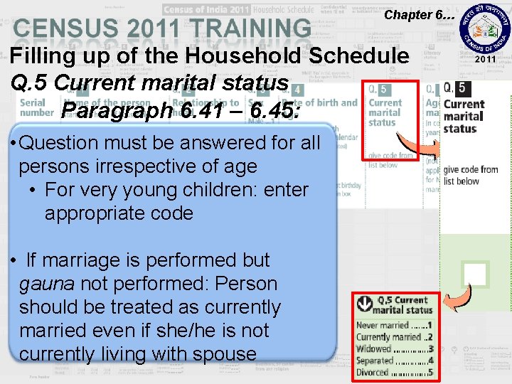 Chapter 6… Filling up of the Household Schedule Q. 5 Current marital status Paragraph