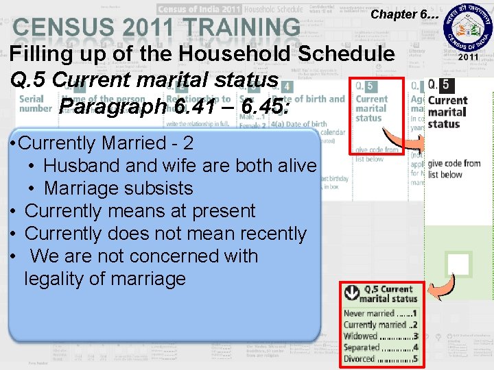 Chapter 6… Filling up of the Household Schedule Q. 5 Current marital status Paragraph