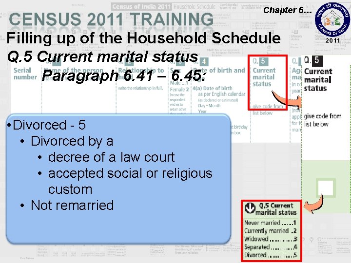 Chapter 6… Filling up of the Household Schedule Q. 5 Current marital status Paragraph