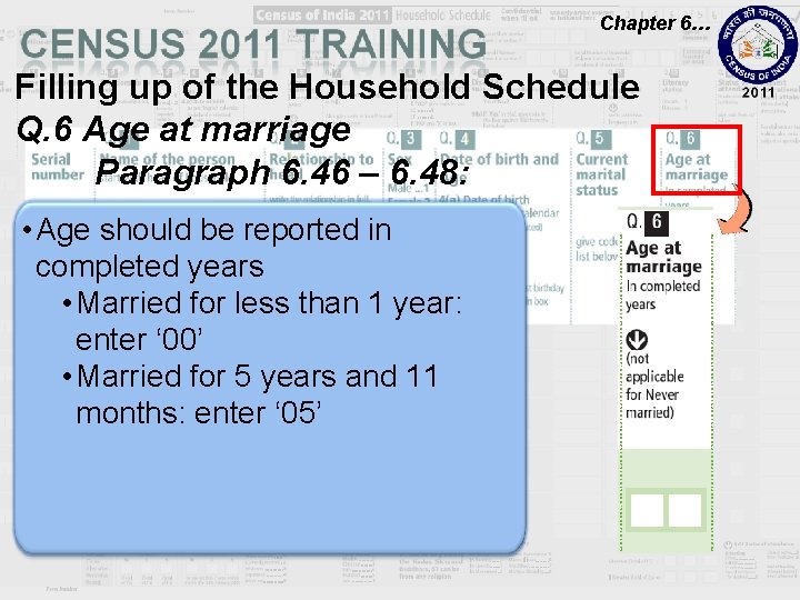 Chapter 6… Filling up of the Household Schedule Q. 6 Age at marriage Paragraph