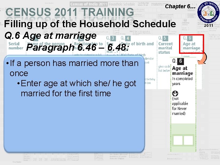 Chapter 6… Filling up of the Household Schedule Q. 6 Age at marriage Paragraph