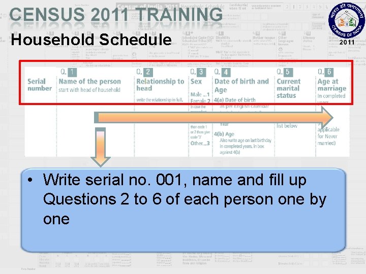 Household Schedule • Write serial no. 001, name and fill up Questions 2 to