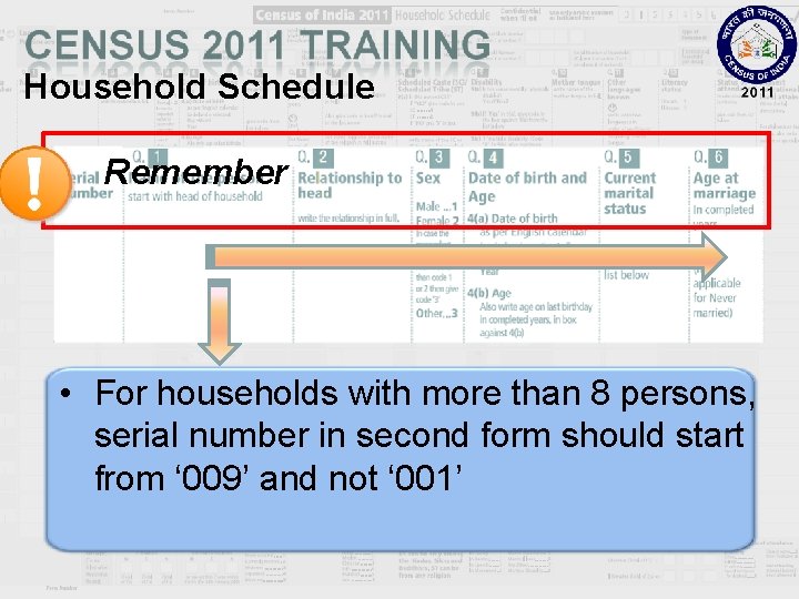 Household Schedule Remember • For households with more than 8 persons, serial number in