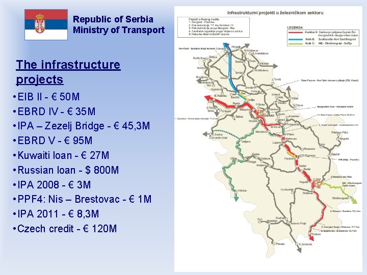 Republic of Serbia Ministry of Transport The infrastructure projects • EIB II - €