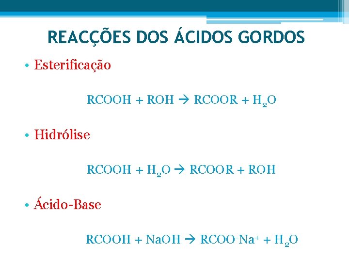 REACÇÕES DOS ÁCIDOS GORDOS • Esterificação RCOOH + ROH RCOOR + H 2 O