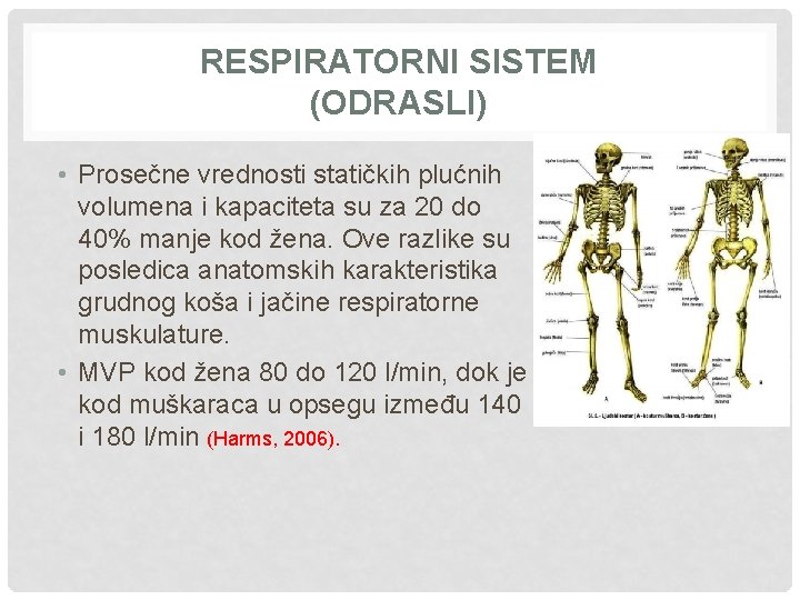 RESPIRATORNI SISTEM (ODRASLI) • Prosečne vrednosti statičkih plućnih volumena i kapaciteta su za 20