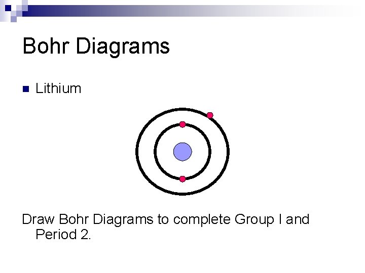 Bohr Diagrams n Lithium Draw Bohr Diagrams to complete Group I and Period 2.