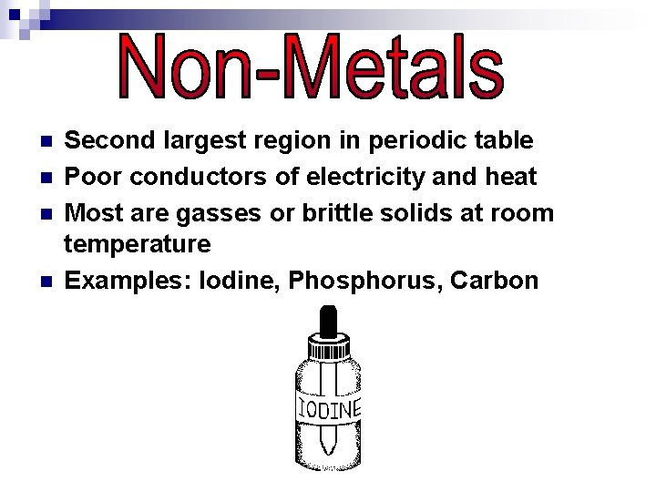 n n Second largest region in periodic table Poor conductors of electricity and heat