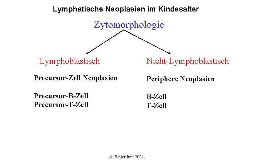 Lymphatische Neoplasien im Kindesalter Zytomorphologie Lymphoblastisch Nicht-Lymphoblastisch Precursor-Zell Neoplasien Periphere Neoplasien Precursor-B-Zell Precursor-T-Zell B-Zell