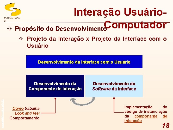 Interação Usuário. Computador ° Propósito do Desenvolvimento DSC/CCT/UFC G ± Projeto da Interação x