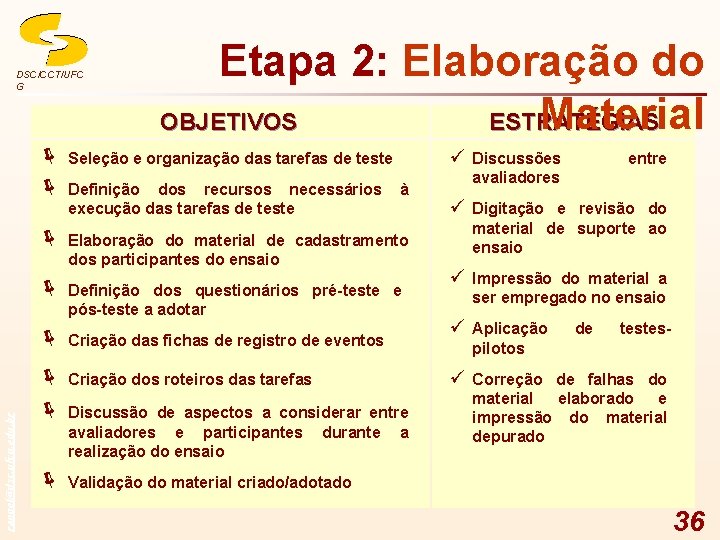 rangel@dsc. ufcg. edu. br DSC/CCT/UFC G Etapa 2: Elaboração do Material OBJETIVOS ESTRATÉGIAS ë