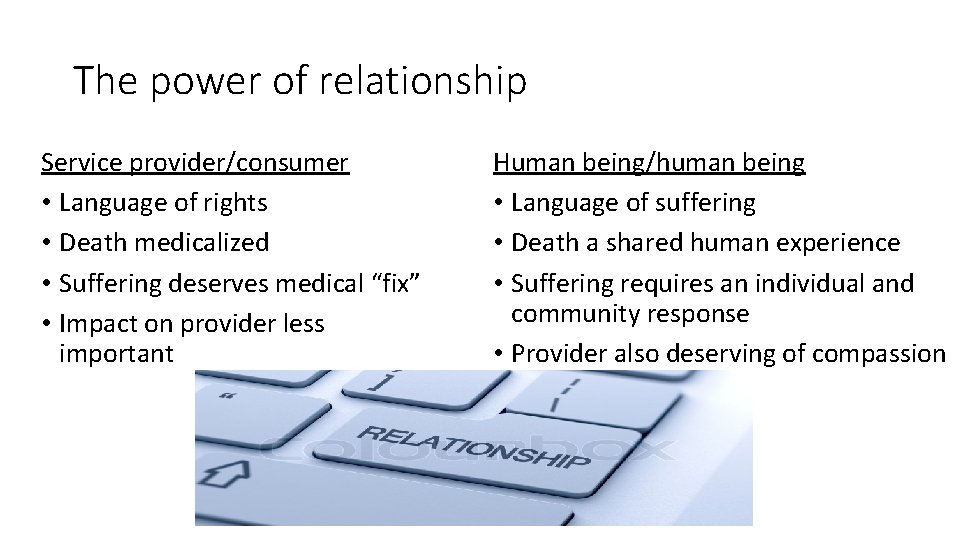 The power of relationship Service provider/consumer • Language of rights • Death medicalized •