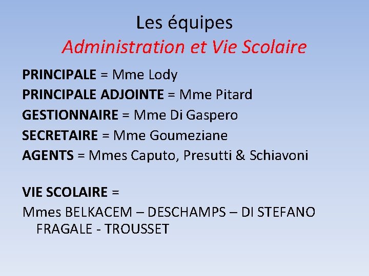 Les équipes Administration et Vie Scolaire PRINCIPALE = Mme Lody PRINCIPALE ADJOINTE = Mme