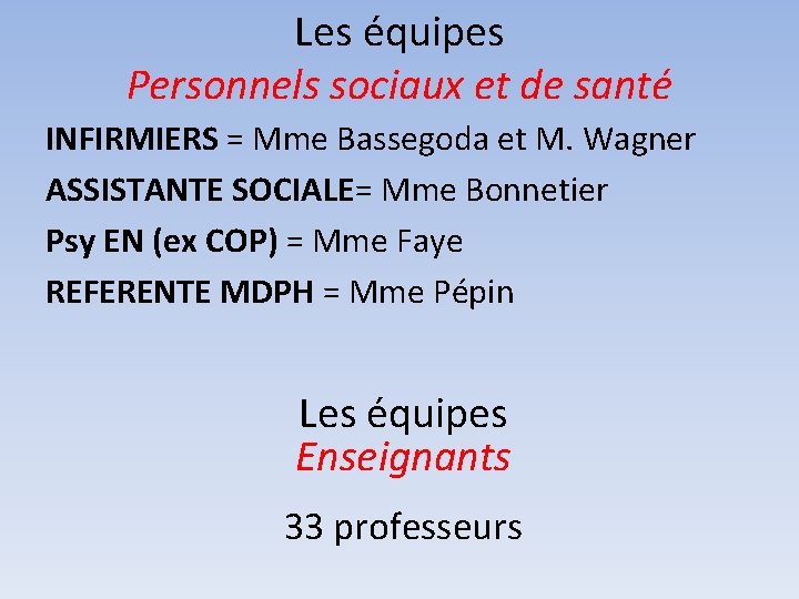 Les équipes Personnels sociaux et de santé INFIRMIERS = Mme Bassegoda et M. Wagner