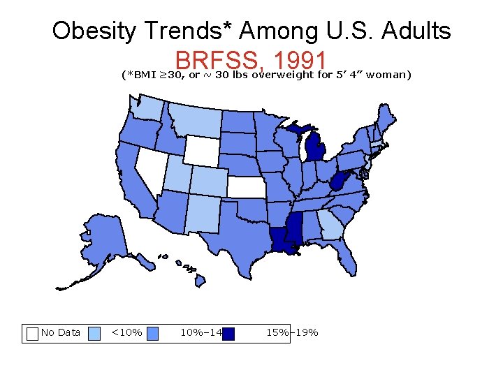 Obesity Trends* Among U. S. Adults BRFSS, 1991 (*BMI ≥ 30, or ~ 30