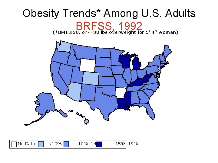 Obesity Trends* Among U. S. Adults BRFSS, 1992 (*BMI ≥ 30, or ~ 30