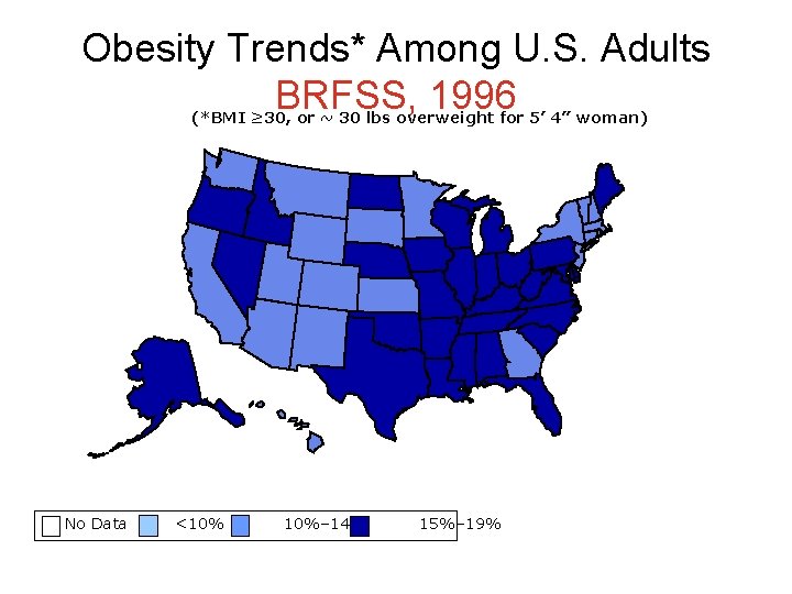 Obesity Trends* Among U. S. Adults BRFSS, 1996 (*BMI ≥ 30, or ~ 30