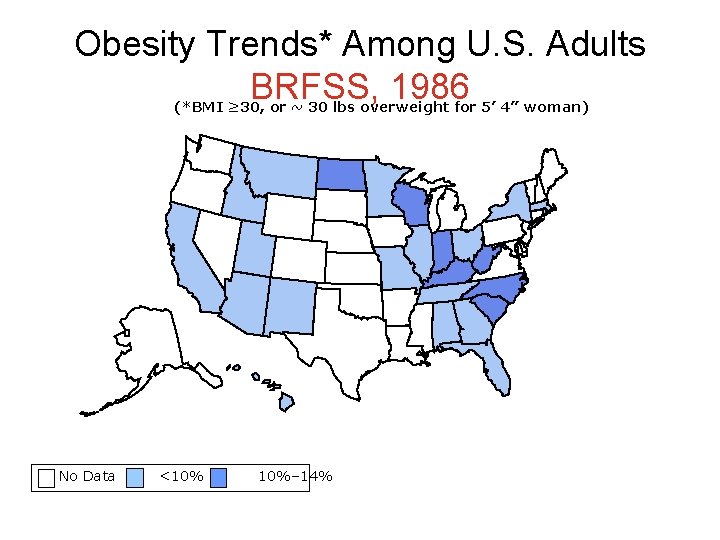 Obesity Trends* Among U. S. Adults BRFSS, 1986 (*BMI ≥ 30, or ~ 30