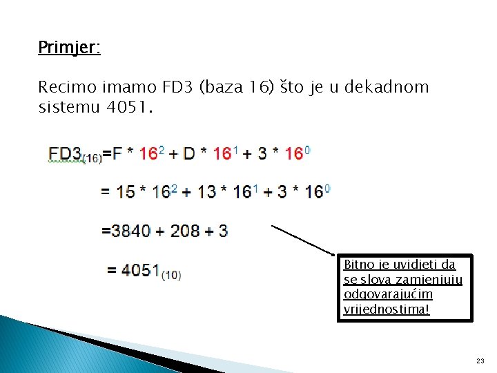 Primjer: Recimo imamo FD 3 (baza 16) što je u dekadnom sistemu 4051. Bitno