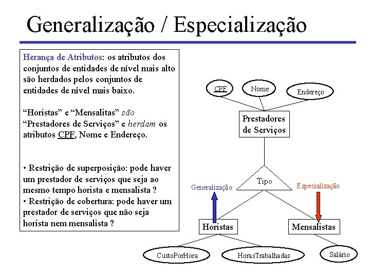 Generalização / Especialização Herança de Atributos: os atributos dos conjuntos de entidades de nível