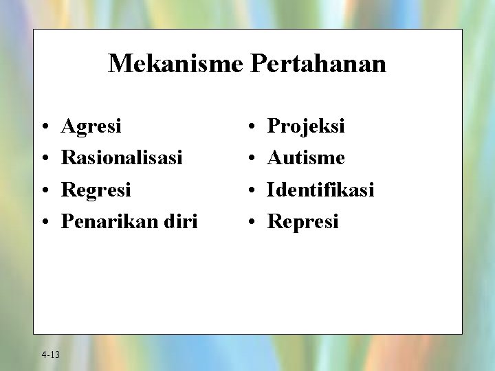Mekanisme Pertahanan • • 4 -13 Agresi Rasionalisasi Regresi Penarikan diri • • Projeksi