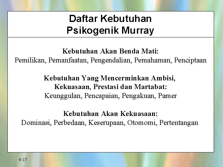 Daftar Kebutuhan Psikogenik Murray Kebutuhan Akan Benda Mati: Pemilikan, Pemanfaatan, Pengendalian, Pemahaman, Penciptaan Kebutuhan