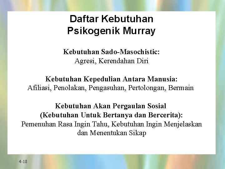 Daftar Kebutuhan Psikogenik Murray Kebutuhan Sado-Masochistic: Agresi, Kerendahan Diri Kebutuhan Kepedulian Antara Manusia: Afiliasi,