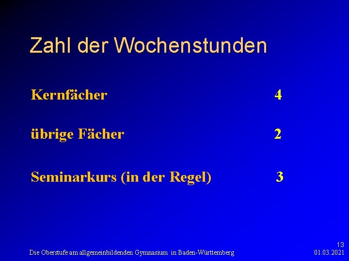 Zahl der Wochenstunden Kernfächer 4 übrige Fächer 2 Seminarkurs (in der Regel) 3 Die