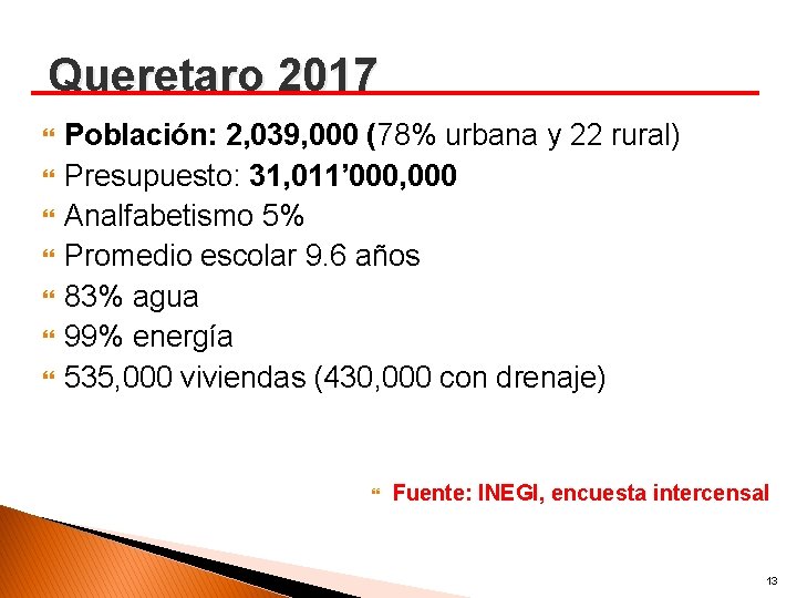 Queretaro 2017 Población: 2, 039, 000 (78% urbana y 22 rural) Presupuesto: 31, 011’