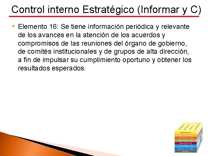 Control interno Estratégico (Informar y C) Elemento 16: Se tiene información periódica y relevante