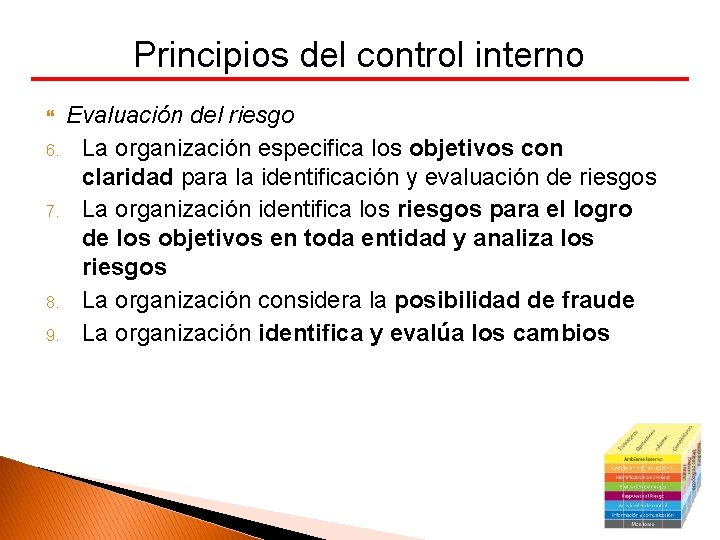 Principios del control interno Evaluación del riesgo 6. La organización especifica los objetivos con