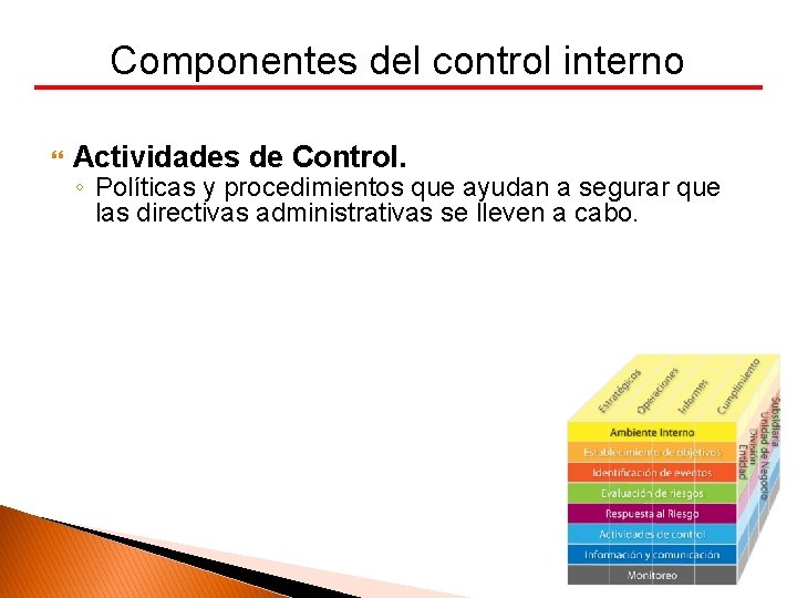 Componentes del control interno Actividades de Control. ◦ Políticas y procedimientos que ayudan a