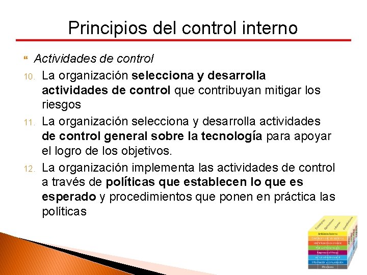 Principios del control interno Actividades de control 10. La organización selecciona y desarrolla actividades