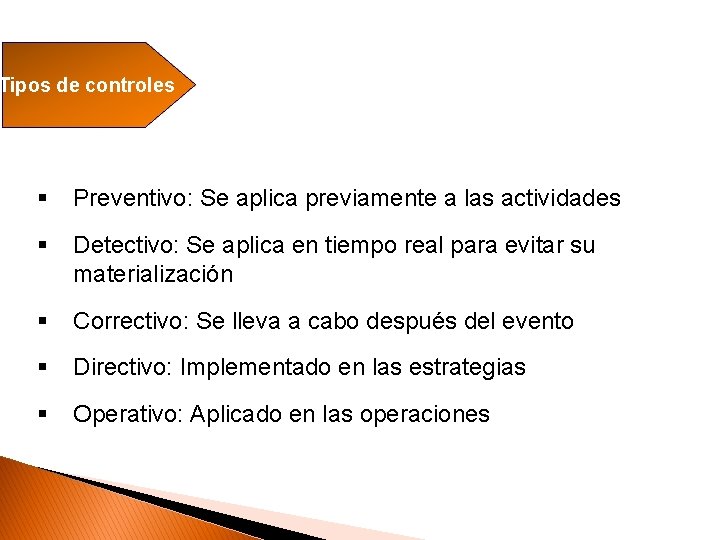 Tipos de controles § Preventivo: Se aplica previamente a las actividades § Detectivo: Se