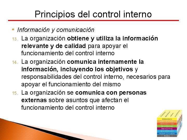 Principios del control interno Información y comunicación 13. La organización obtiene y utiliza la