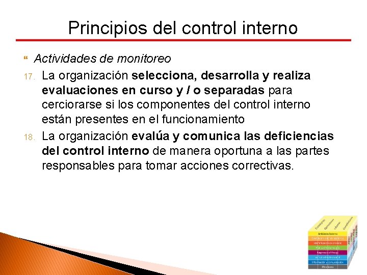 Principios del control interno Actividades de monitoreo 17. La organización selecciona, desarrolla y realiza