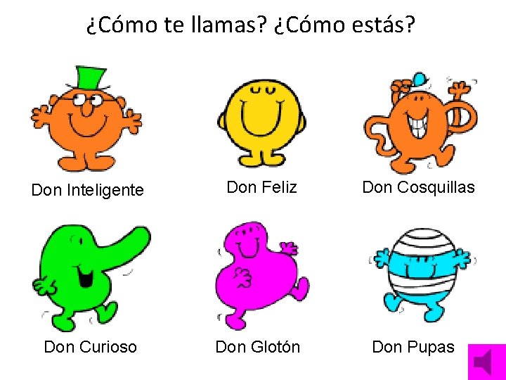 ¿Cómo te llamas? ¿Cómo estás? Don Inteligente Don Feliz Don Curioso Don Glotón Don