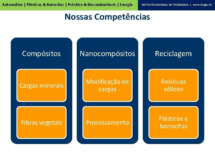 Automotiva | Plásticos & Borrachas | Petróleo & Biocombustíveis | Energia INSTITUTO NACIONAL DE