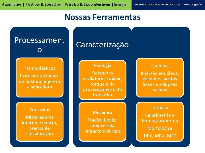 Automotiva | Plásticos & Borrachas | Petróleo & Biocombustíveis | Energia INSTITUTO NACIONAL DE