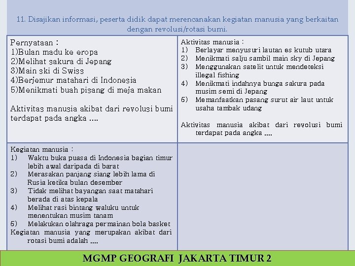 11. Disajikan informasi, peserta didik dapat merencanakan kegiatan manusia yang berkaitan dengan revolusi/rotasi bumi.