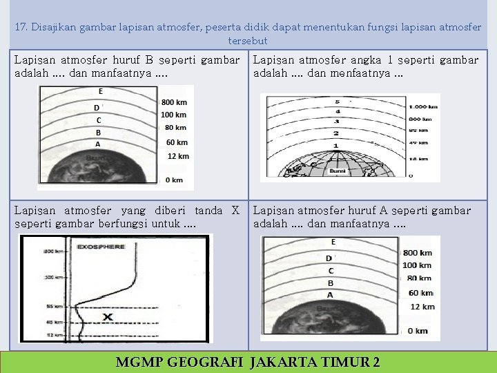 17. Disajikan gambar lapisan atmosfer, peserta didik dapat menentukan fungsi lapisan atmosfer tersebut Lapisan