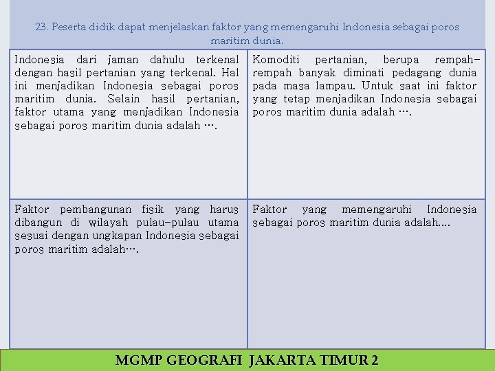 23. Peserta didik dapat menjelaskan faktor yang memengaruhi Indonesia sebagai poros maritim dunia. Indonesia