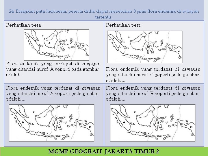 24. Disajikan peta Indonesia, peserta didik dapat menetukan 3 jenis flora endemik di wilayah