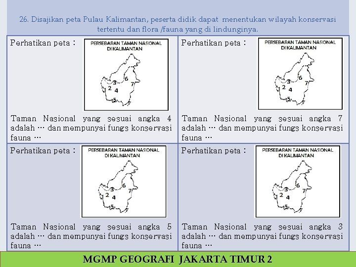 26. Disajikan peta Pulau Kalimantan, peserta didik dapat menentukan wilayah konservasi tertentu dan flora