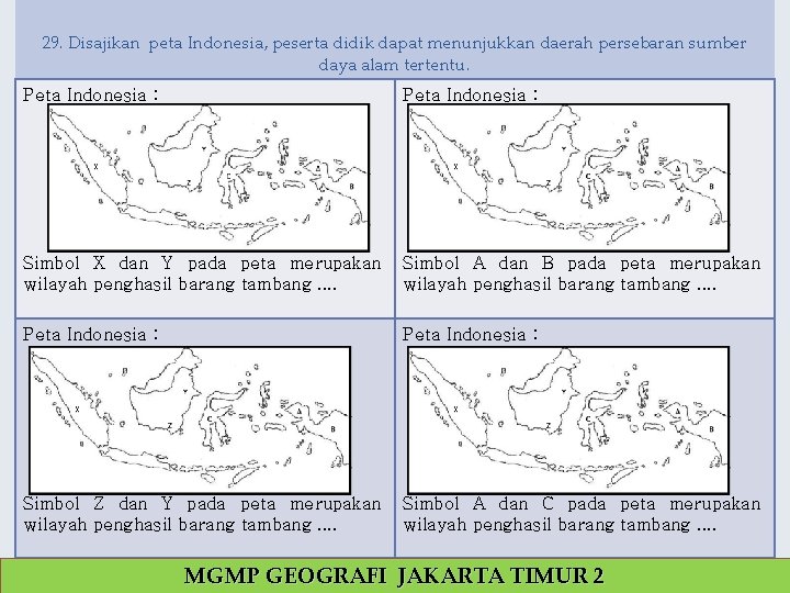 29. Disajikan peta Indonesia, peserta didik dapat menunjukkan daerah persebaran sumber daya alam tertentu.