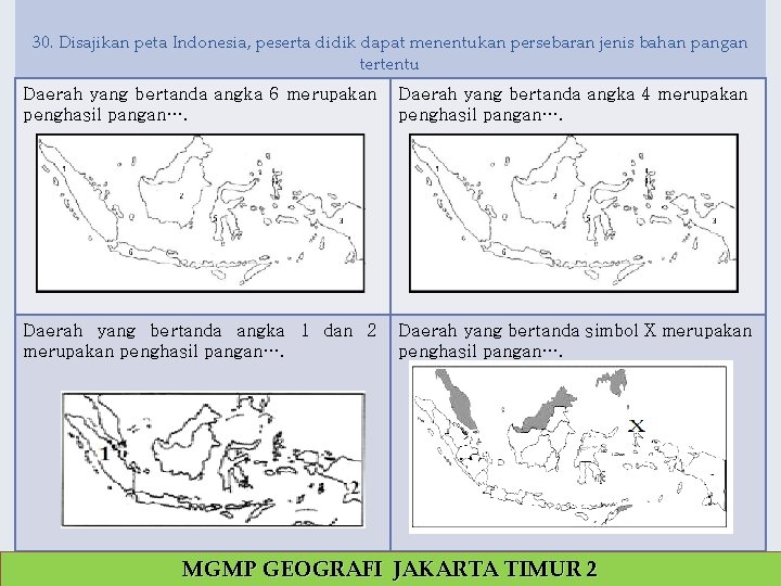 30. Disajikan peta Indonesia, peserta didik dapat menentukan persebaran jenis bahan pangan tertentu Daerah