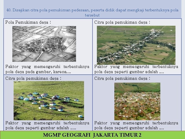 40. Disajikan citra pola pemukiman pedesaan, peserta didik dapat mengkaji terbentuknya pola tersebut Pola