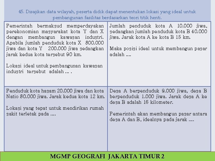 45. Disajikan data wilayah, peserta didik dapat menentukan lokasi yang ideal untuk pembangunan fasilitas