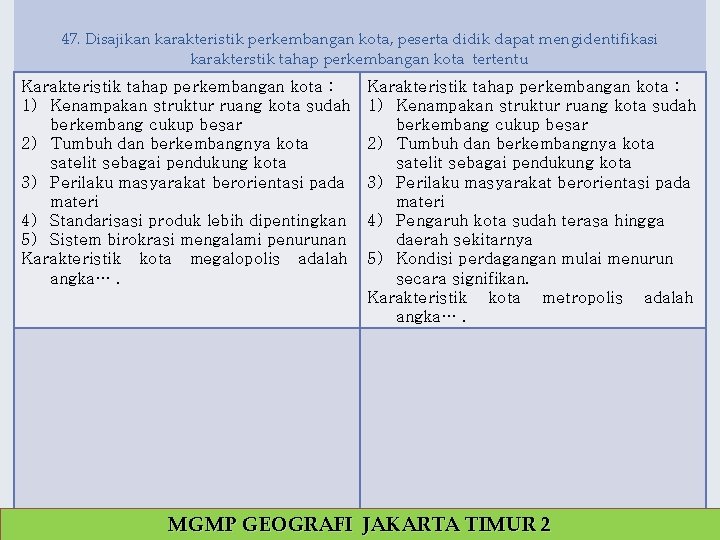 47. Disajikan karakteristik perkembangan kota, peserta didik dapat mengidentifikasi karakterstik tahap perkembangan kota tertentu